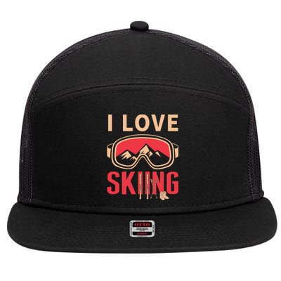 I Love Skiing Goggles Gifts For Skier 7 Panel Mesh Trucker Snapback Hat