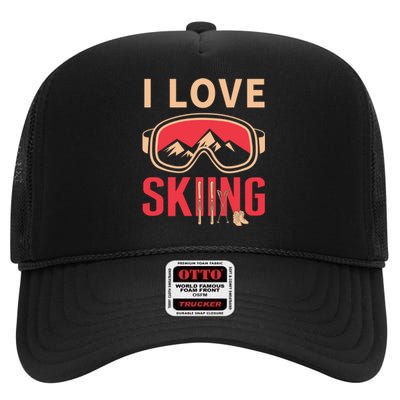 I Love Skiing Goggles Gifts For Skier High Crown Mesh Back Trucker Hat