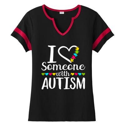 I Love Someone With Autism Heart Puzzle Piece Gift Ladies Halftime Notch Neck Tee