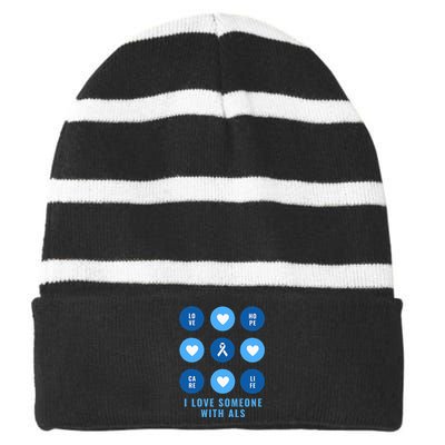 I Love Someone with ALS - Support ALS Awareness Blue Ribbon Striped Beanie with Solid Band