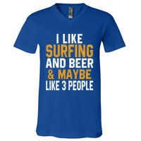 I Like Surfing And Beer Surfer Hawaiian Surfboard Dad Mom Gift V-Neck T-Shirt