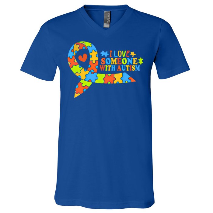 I Love Someone With Autism Awareness Autism Ribbon Family Great Gift V-Neck T-Shirt