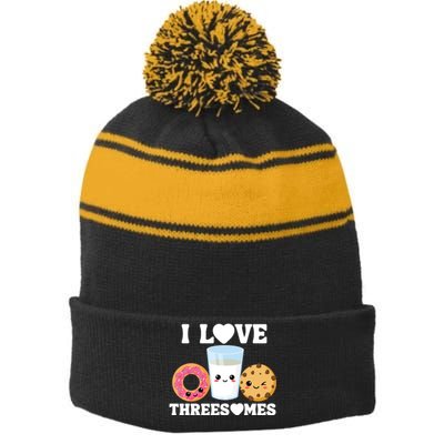 I Love Threesomes Donut Cookie Milk Valentine Pun Stripe Pom Pom Beanie