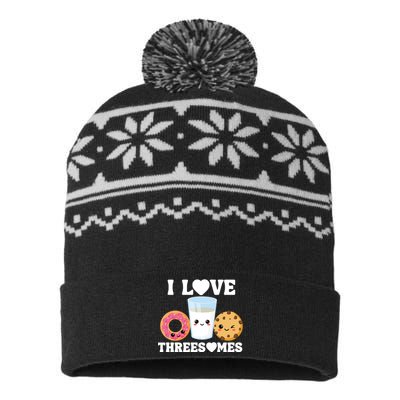 I Love Threesomes Donut Cookie Milk Valentine Pun USA-Made Snowflake Beanie