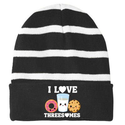 I Love Threesomes Donut Cookie Milk Valentine Pun Striped Beanie with Solid Band