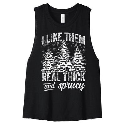 I Like Them Real Thick & Sprucey Funny Christmas Tree Women's Racerback Cropped Tank