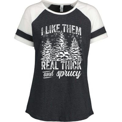 I Like Them Real Thick & Sprucey Funny Christmas Tree Enza Ladies Jersey Colorblock Tee