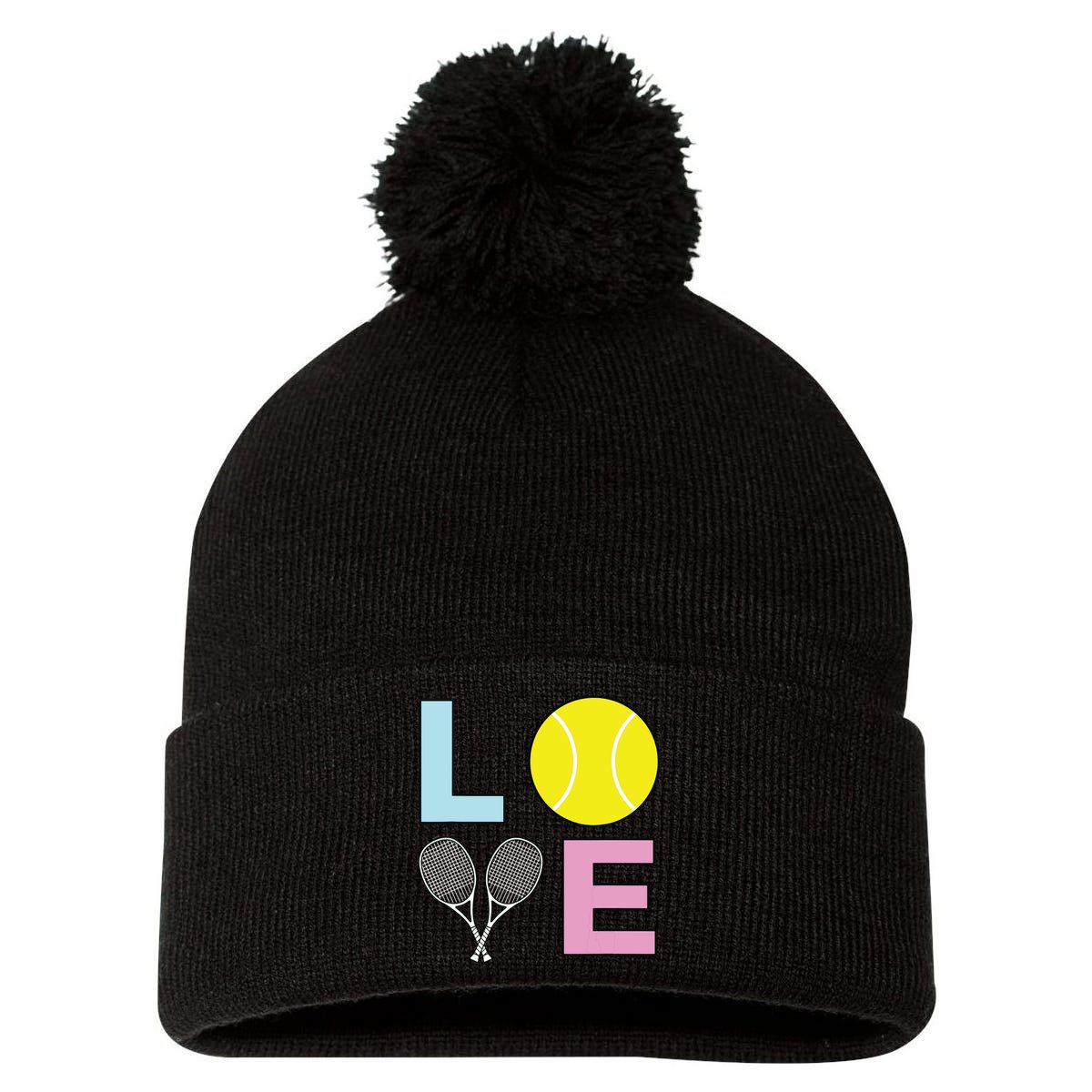 I Love Tennis Tennis Player Pom Pom 12in Knit Beanie