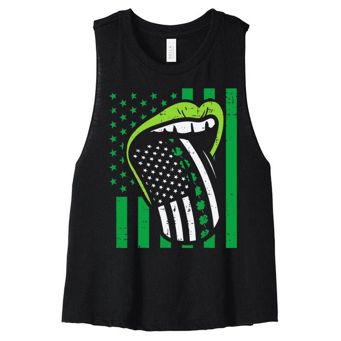 Irish Lips Tongue US Flag St Patricks Day Patriot Women's Racerback Cropped Tank