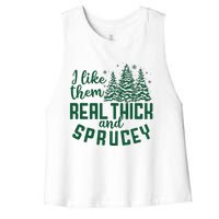 I Like Them Real Thick And Sprucey Funny Christmas Tree Xmas Women's Racerback Cropped Tank