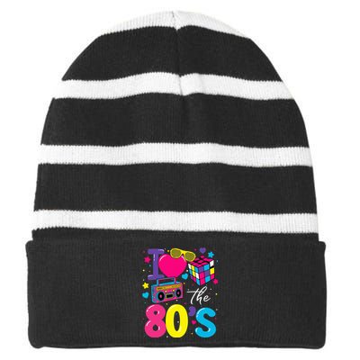 I Love The 80s 80's Party Retro birthday  Striped Beanie with Solid Band