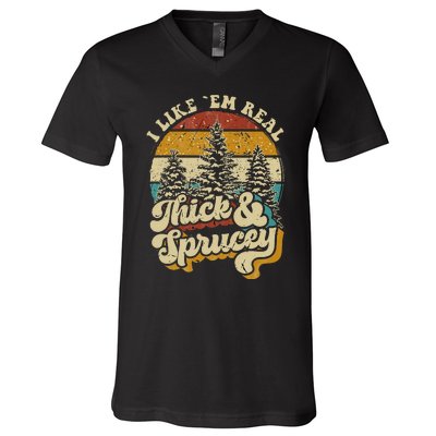 I Like Them Real Thick & Sprucey Funny Christmas Tree V-Neck T-Shirt