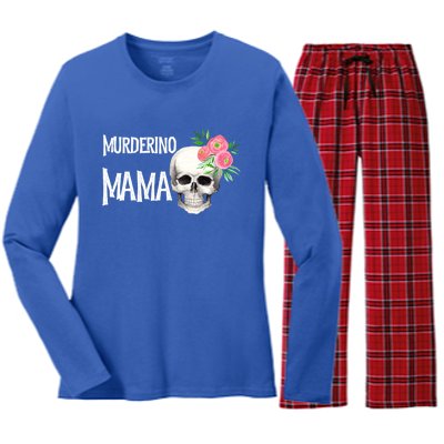 I Like True Crime Mom Murderino Mama Pink Floral Skull Stuff Meaningful Gift Women's Long Sleeve Flannel Pajama Set 