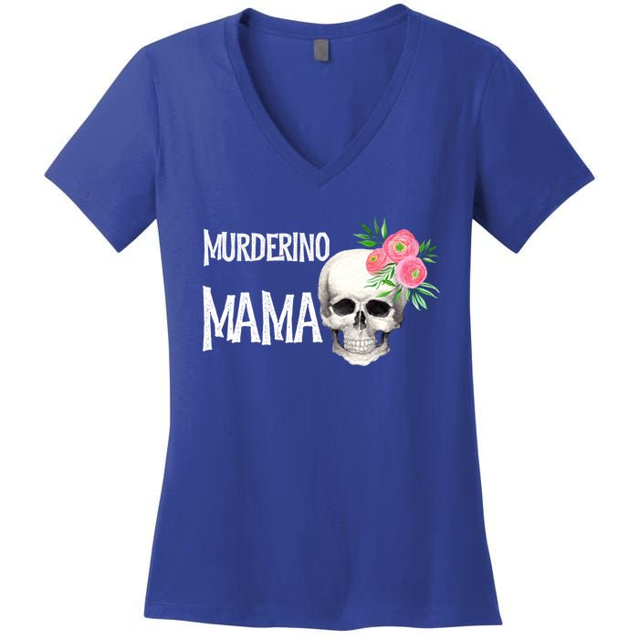 I Like True Crime Mom Murderino Mama Pink Floral Skull Stuff Meaningful Gift Women's V-Neck T-Shirt