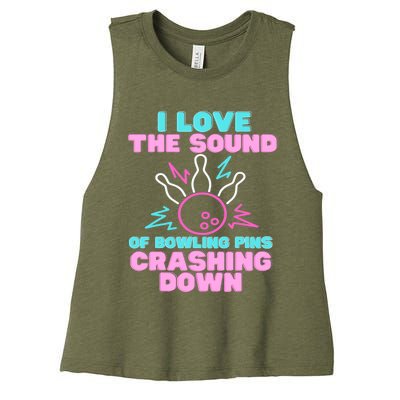 I Love The Sound Of Bowling Pins Crashing Down Funny Ten Pin Women's Racerback Cropped Tank