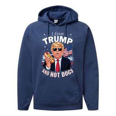 I Love Trump And Hot Dogs Hilarious Conservative Performance Fleece Hoodie