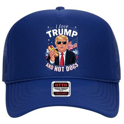 I Love Trump And Hot Dogs Hilarious Conservative High Crown Mesh Back Trucker Hat