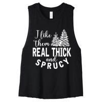 I Like Them Real Thick And Sprucy Christmas Trees Funny Xmas Women's Racerback Cropped Tank