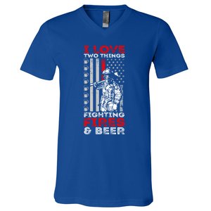 I Love Two Things Fighting Fires And Beer Funny Gift V-Neck T-Shirt