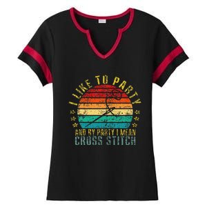 I Like to Party and by Party I Mean Cross Stitch Funny Retro Ladies Halftime Notch Neck Tee