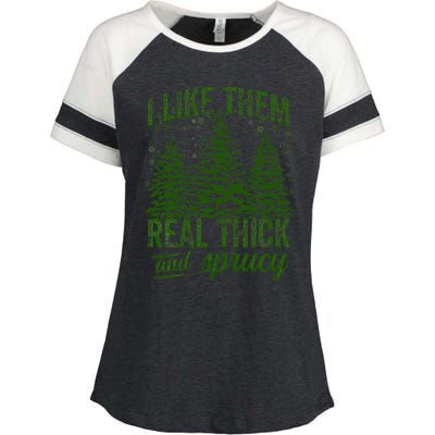 I Like Them Real Thick & Sprucey Funny Christmas Tree Enza Ladies Jersey Colorblock Tee