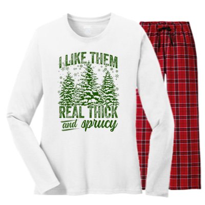 I Like Them Real Thick & Sprucey Funny Christmas Tree Women's Long Sleeve Flannel Pajama Set 