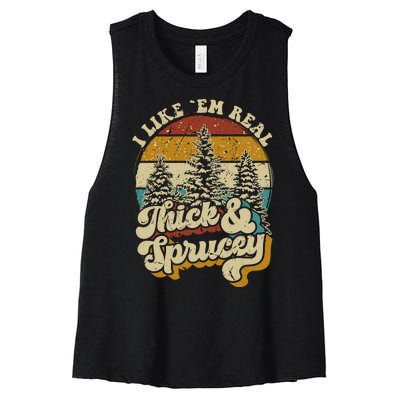 I Like Them Real Thick Sprucey Funny Christmas Tree Vintage Retro Women's Racerback Cropped Tank