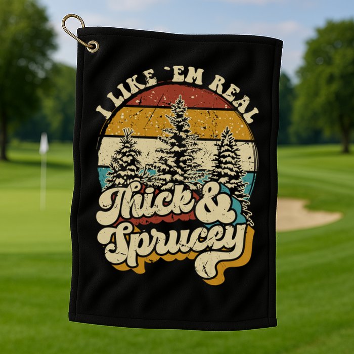 I Like Them Real Thick Sprucey Funny Christmas Tree Vintage Retro Golf Towel