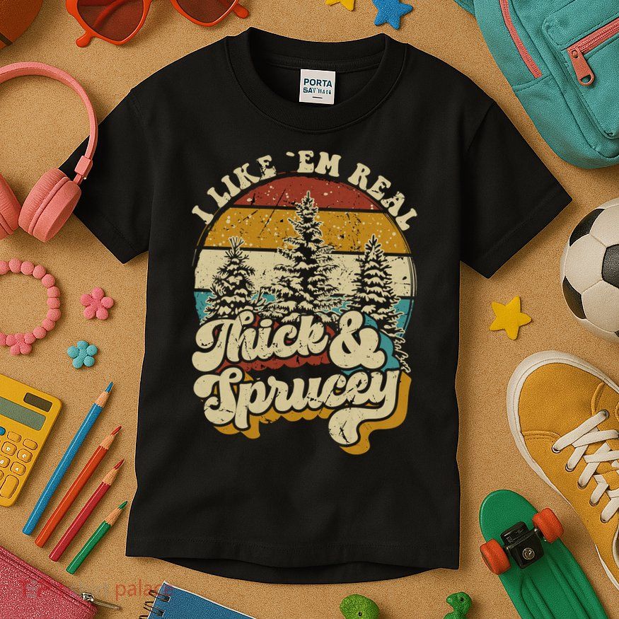 I Like Them Real Thick Sprucey Funny Christmas Tree Vintage Retro Kids T-Shirt