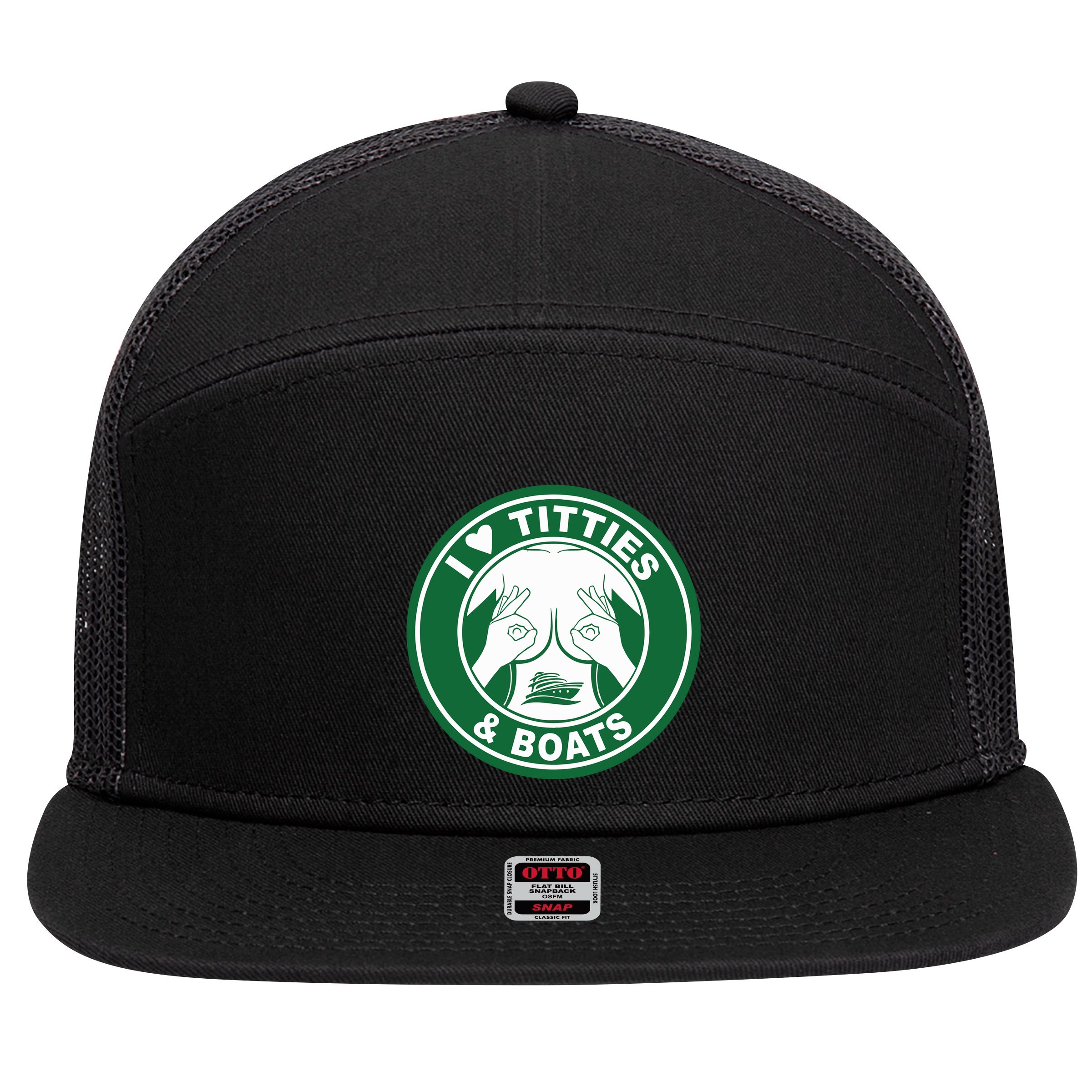 I Love Titties And Boats Logo Funny Adult Humor 7 Panel Mesh Trucker Snapback Hat