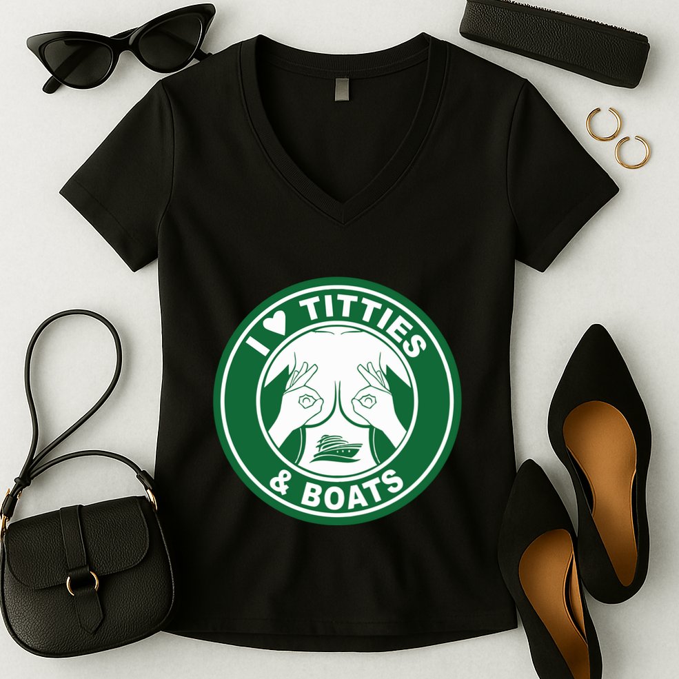I Love Titties And Boats Logo Funny Adult Humor Women's V-Neck T-Shirt