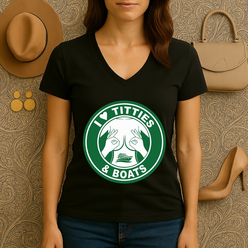 I Love Titties And Boats Logo Funny Adult Humor Women's V-Neck T-Shirt
