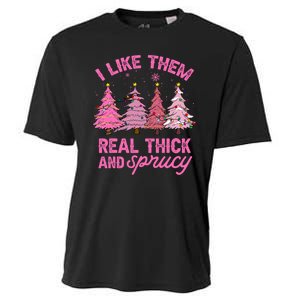 I Like Them Real Thick And Sprucey Funny Christmas Pink Tree Cooling Performance Crew T-Shirt