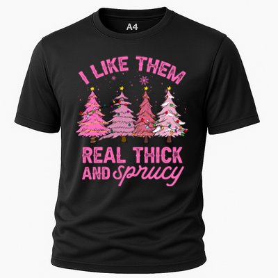 I Like Them Real Thick And Sprucey Funny Christmas Pink Tree Cooling Performance Crew T-Shirt