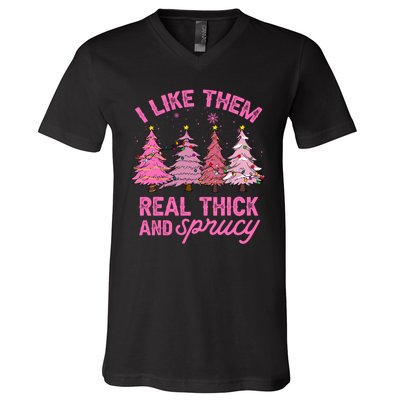 I Like Them Real Thick And Sprucey Funny Christmas Pink Tree V-Neck T-Shirt