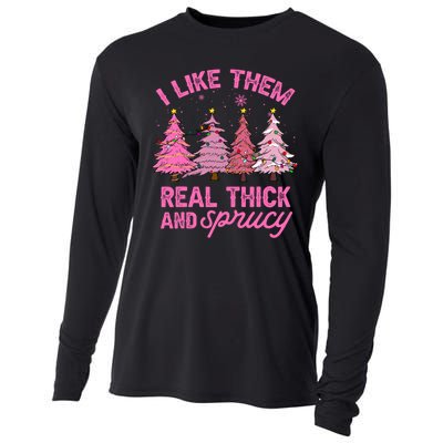 I Like Them Real Thick And Sprucey Funny Christmas Pink Tree Cooling Performance Long Sleeve Crew