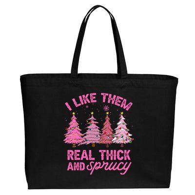 I Like Them Real Thick And Sprucey Funny Christmas Pink Tree Cotton Canvas Jumbo Tote