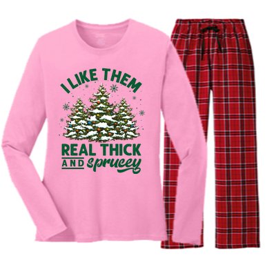 I Like Them Real Thick And Sprucey Funny Christmas Tree Xmas Women's Long Sleeve Flannel Pajama Set 