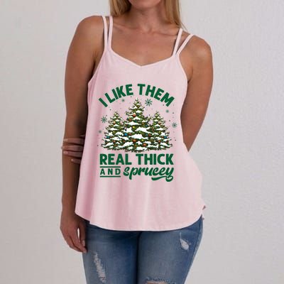 I Like Them Real Thick And Sprucey Funny Christmas Tree Xmas Women's Strappy Tank