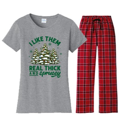 I Like Them Real Thick And Sprucey Funny Christmas Tree Xmas Women's Flannel Pajama Set