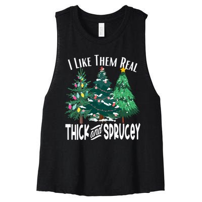 I Like Them Real Thick And Sprucey Funny Christmas Trees Gag Women's Racerback Cropped Tank