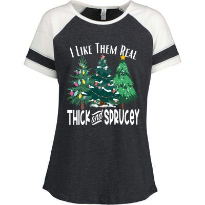 I Like Them Real Thick And Sprucey Funny Christmas Trees Gag Enza Ladies Jersey Colorblock Tee