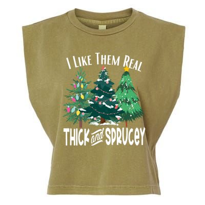 I Like Them Real Thick And Sprucey Funny Christmas Trees Gag Garment-Dyed Women's Muscle Tee