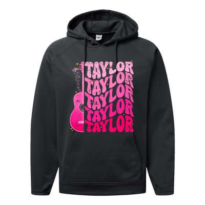 I Love Taylor Retro 80s Themes Retro First Name Personalized Groovy 80s Pink Performance Fleece Hoodie