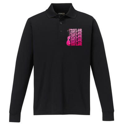 I Love Taylor Retro 80s Themes Retro First Name Personalized Groovy 80s Pink Performance Long Sleeve Polo