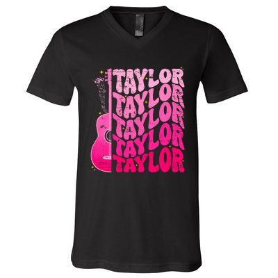 I Love Taylor Retro 80s Themes Retro First Name Personalized Groovy 80s Pink V-Neck T-Shirt