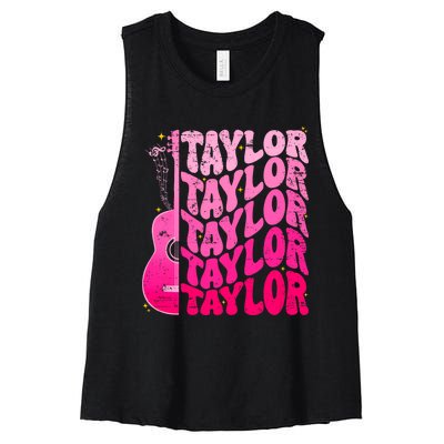 I Love Taylor Retro 80s Themes Retro First Name Personalized Groovy 80s Pink Women's Racerback Cropped Tank