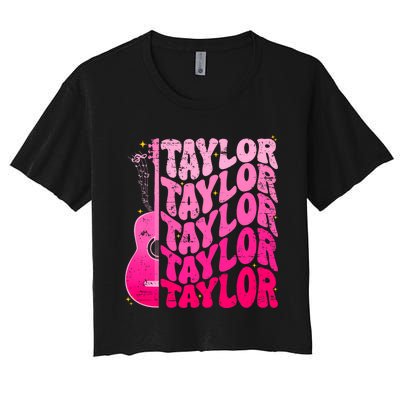 I Love Taylor Retro 80s Themes Retro First Name Personalized Groovy 80s Pink Women's Crop Top Tee