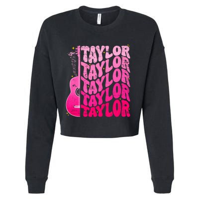 I Love Taylor Retro 80s Themes Retro First Name Personalized Groovy 80s Pink Cropped Pullover Crew