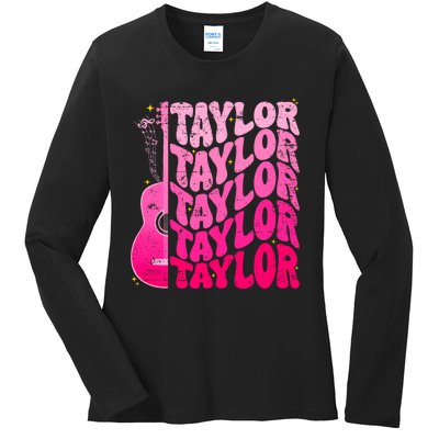 I Love Taylor Retro 80s Themes Retro First Name Personalized Groovy 80s Pink Ladies Long Sleeve Shirt